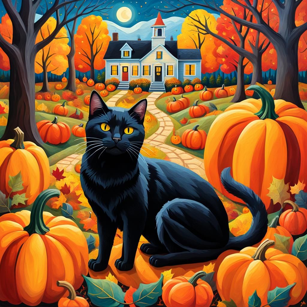 Whimsical Black Cat in Autumn Folk Art Style
