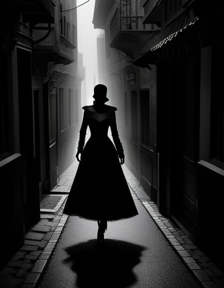 Mysterious Lady Vanishing into Dark City Street Shadows