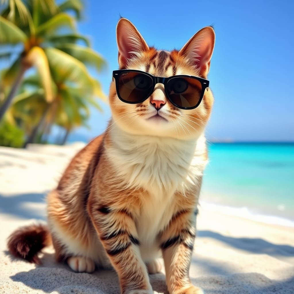 Stylish Cat on Beach with Sunglasses