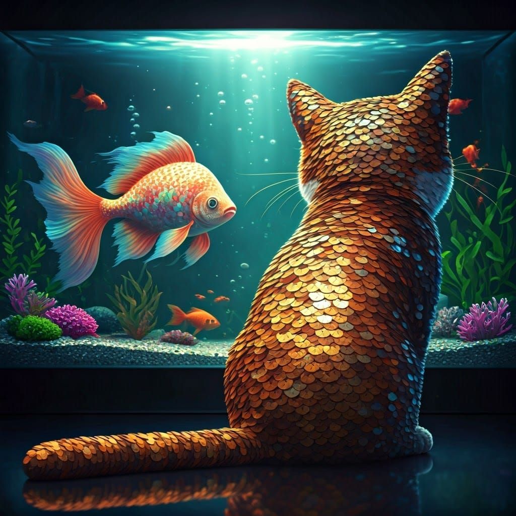 Majestic Sequined Cat Enchanted by Glowing Aquarium