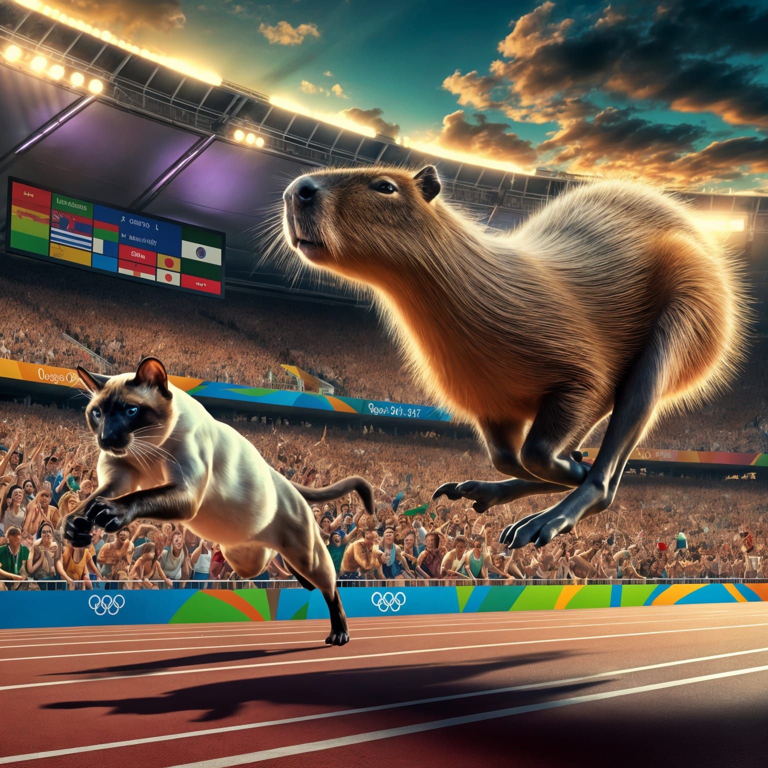 Capybara vs Siamese Cat: Hyperrealistic Olympic Race
