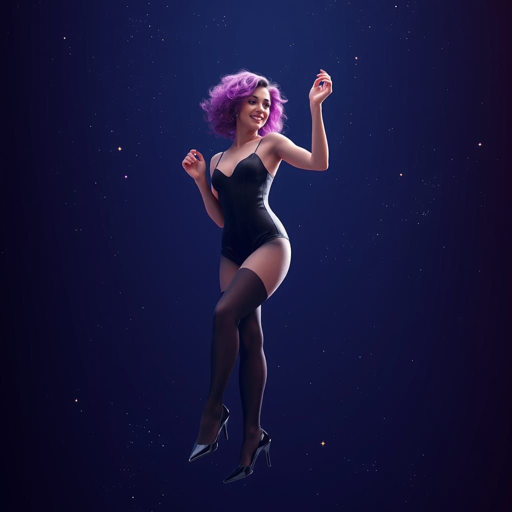 Woman with Purple Hair Dancing in Space