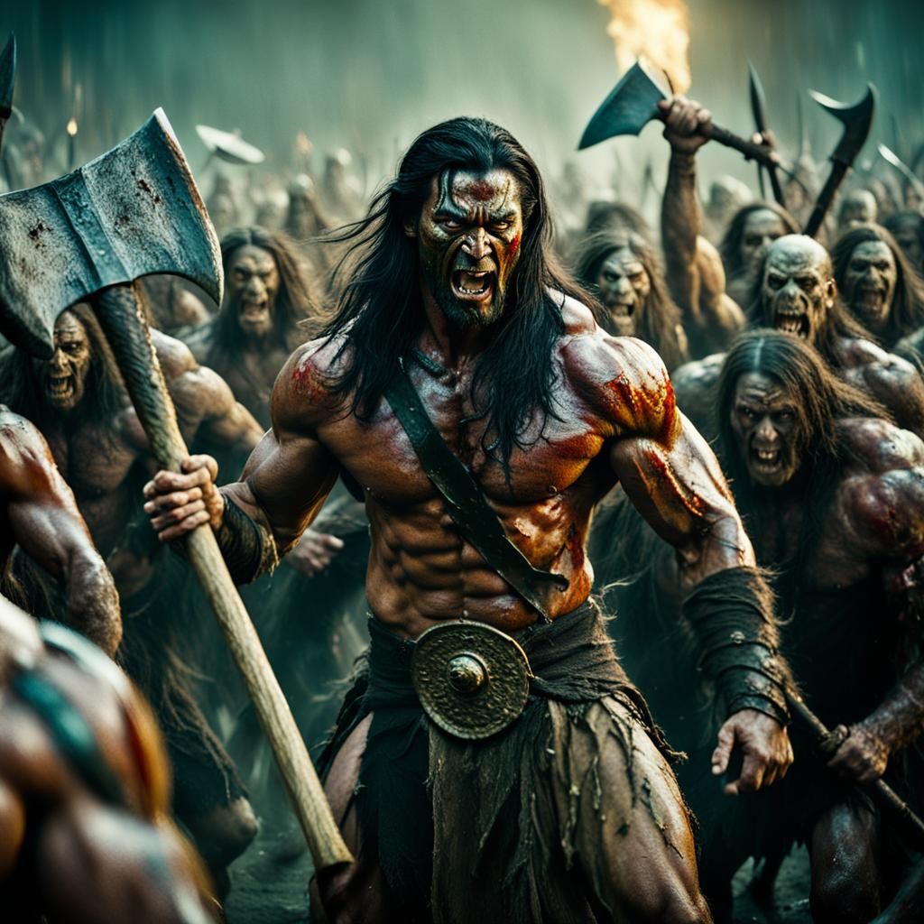 Warrior Fighting Zombies in a Cinematic Film Still