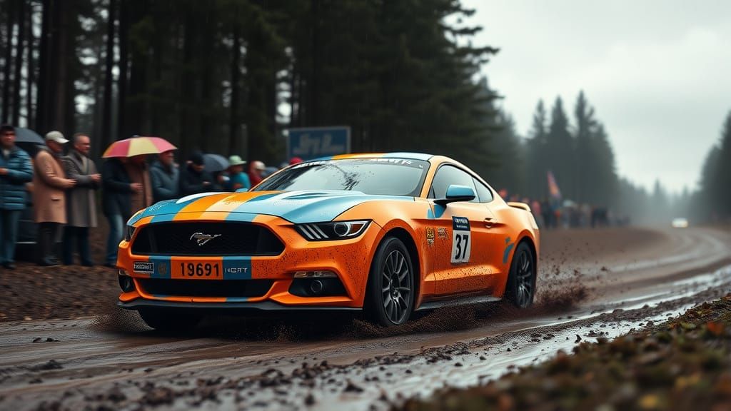 Ford Mustang Rally Car Races Through Mud
