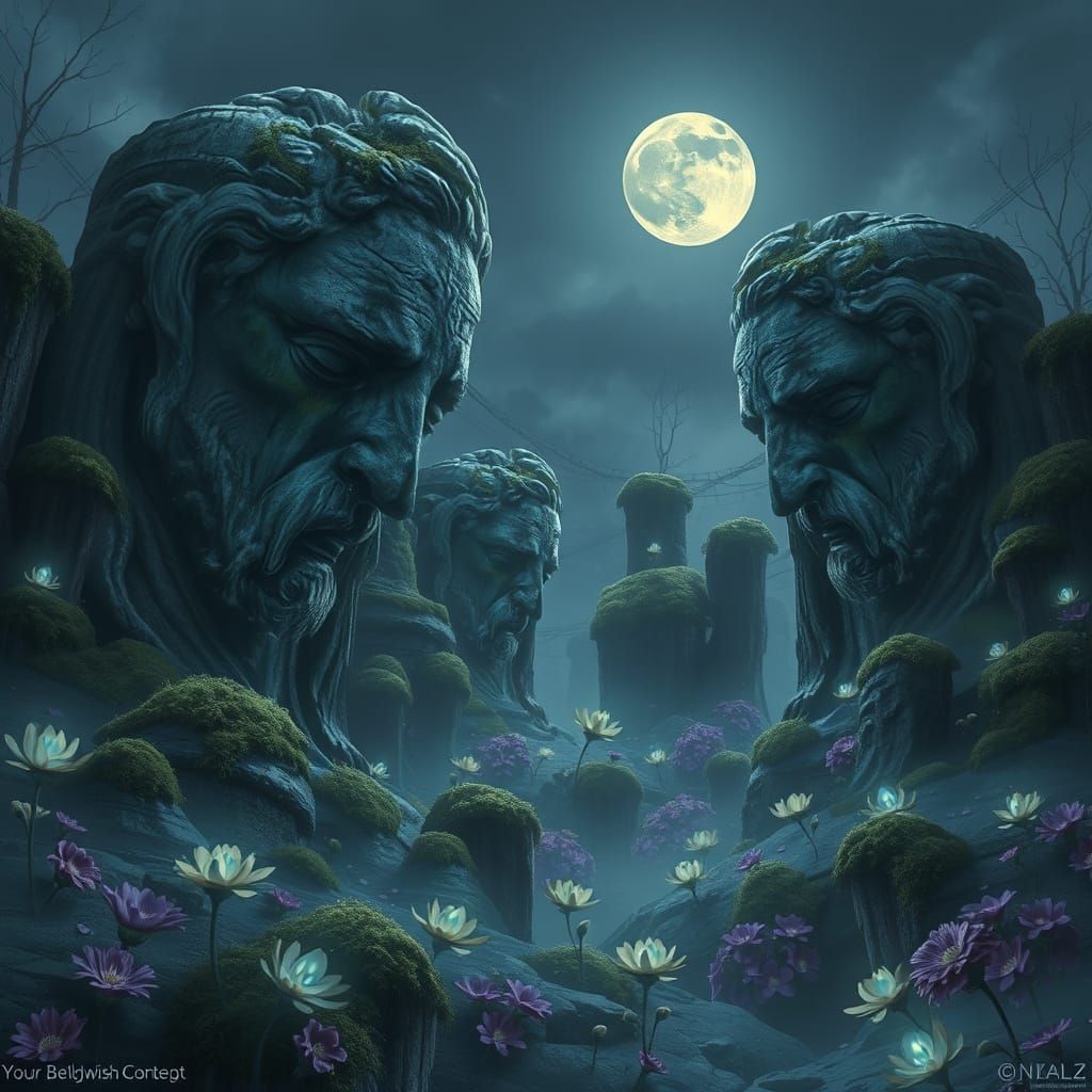 Mystical Moonlit Garden with Weeping Statues