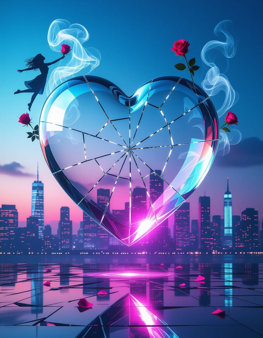 Glowing Glass Heart Above Neon City in 80s Poster Style