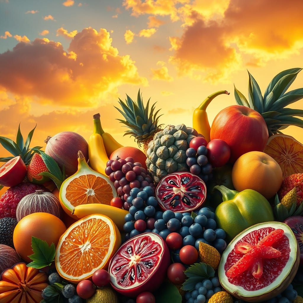 Lush Summer Fruit Paradise in Vibrant, Detailed Fantasy Art