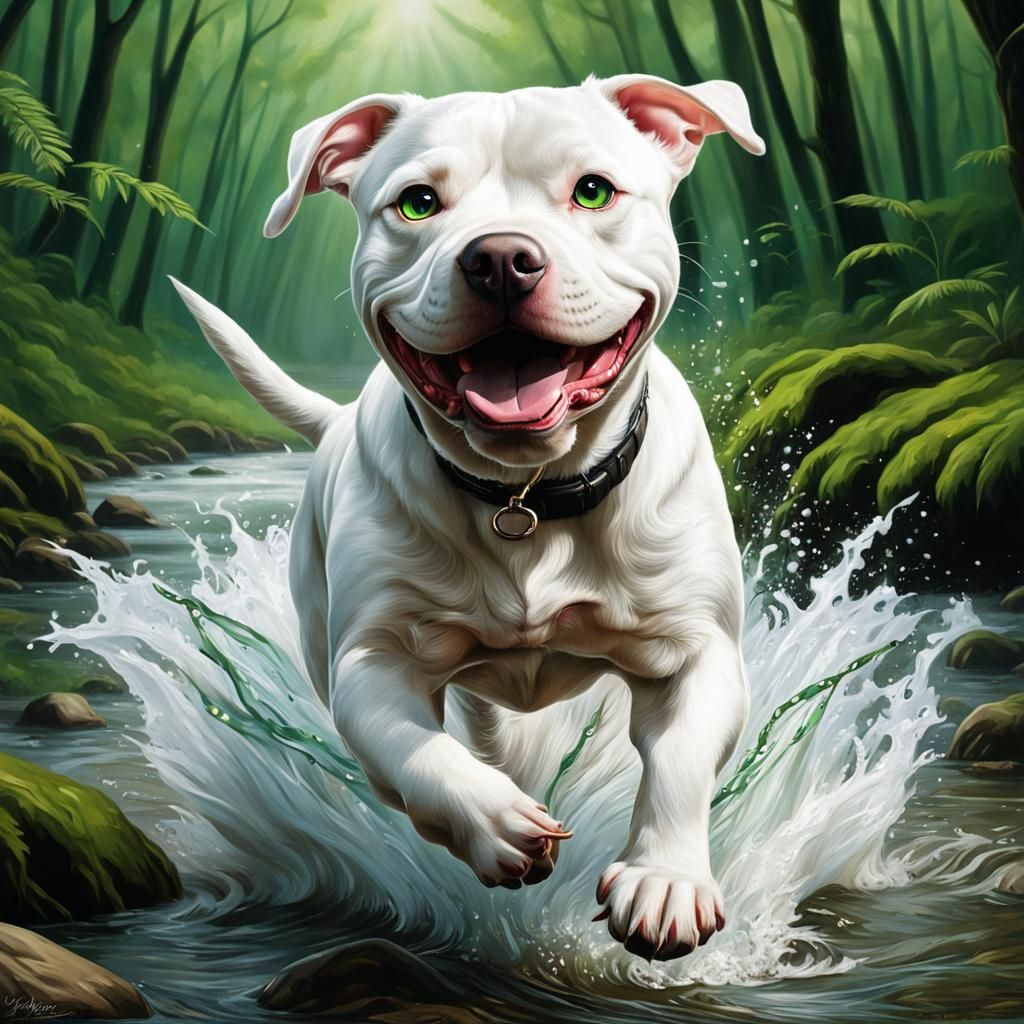 Cute Pitbull Puppy Running in River: Hyperrealistic Art
