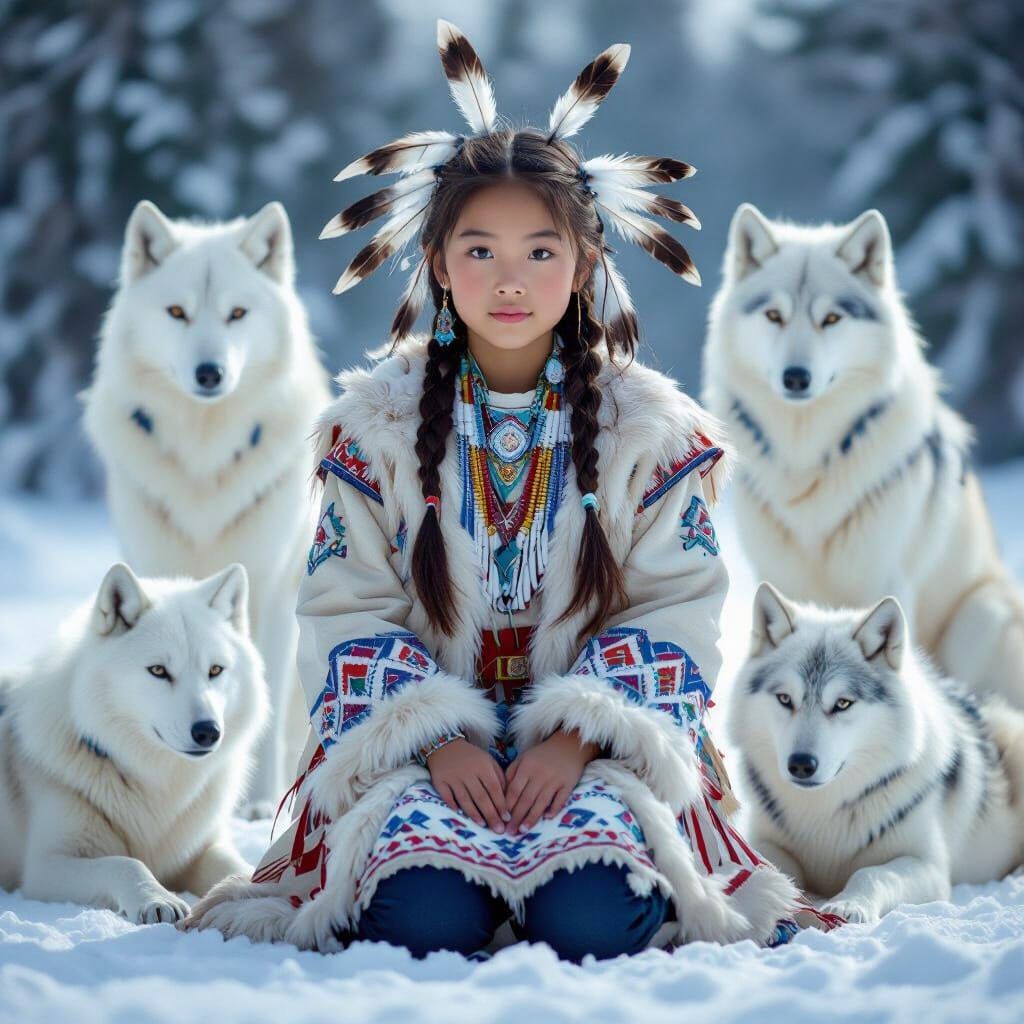 Girl in Native American Outfit with Spirit Wolves in Snowy F...