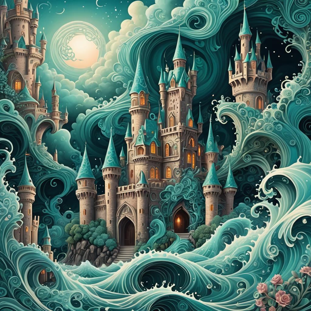 Teal Rose Castle with Fantasy Monster, Surreal Vector Art