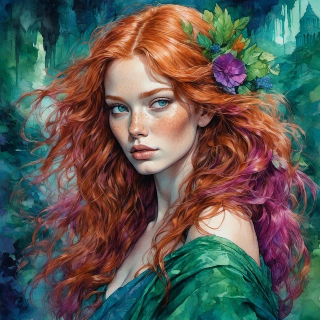 Fantasy Portrait of Freckled Ginger Woman in Vivid Colors