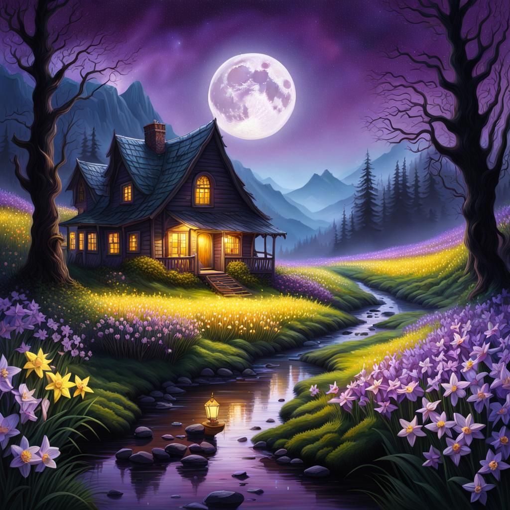 Eerie Cottage Surrounded by Daffodils Under Shooting Stars