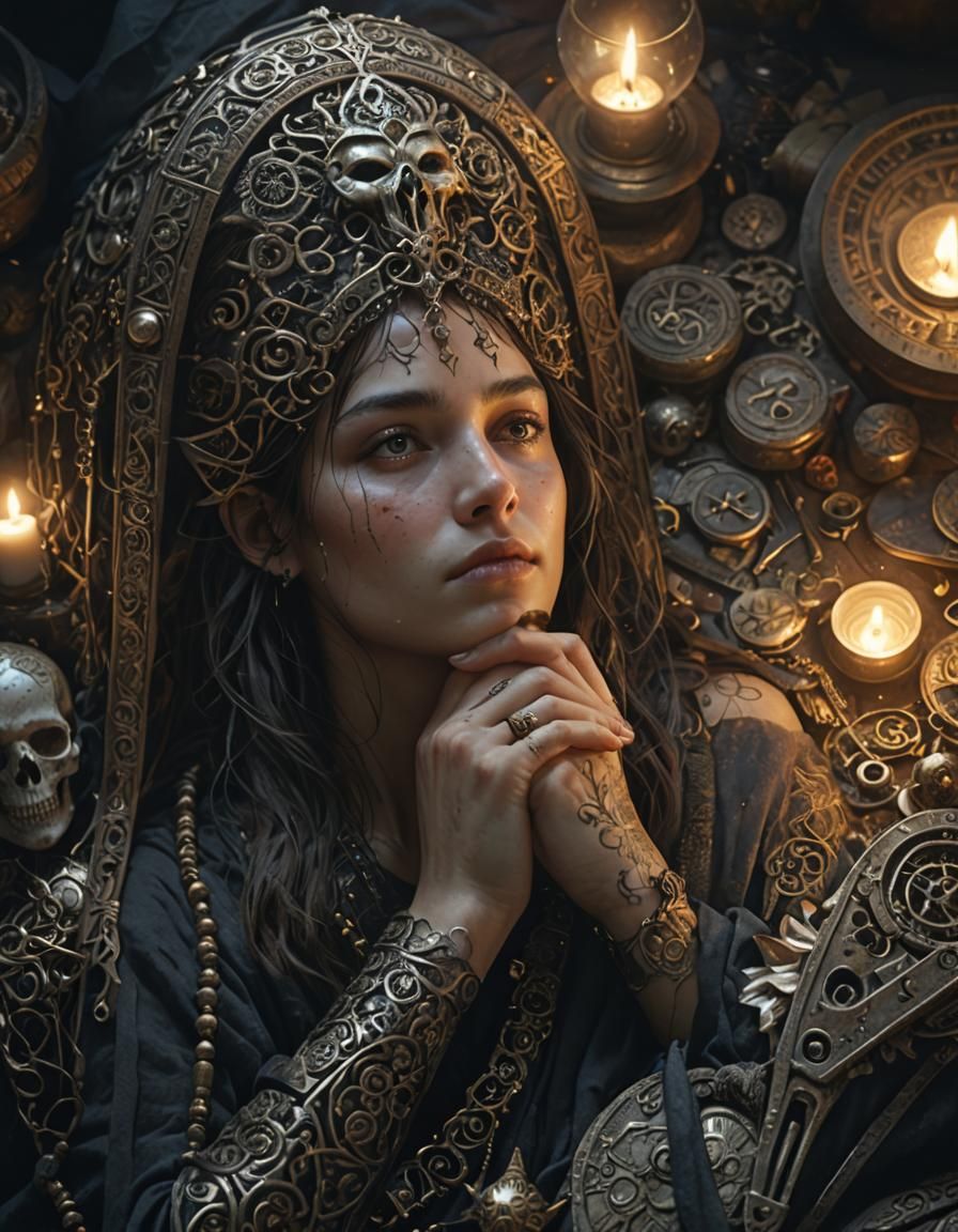 Mystical Awakening: Dark Fantasy Portrait with Glowing Runes