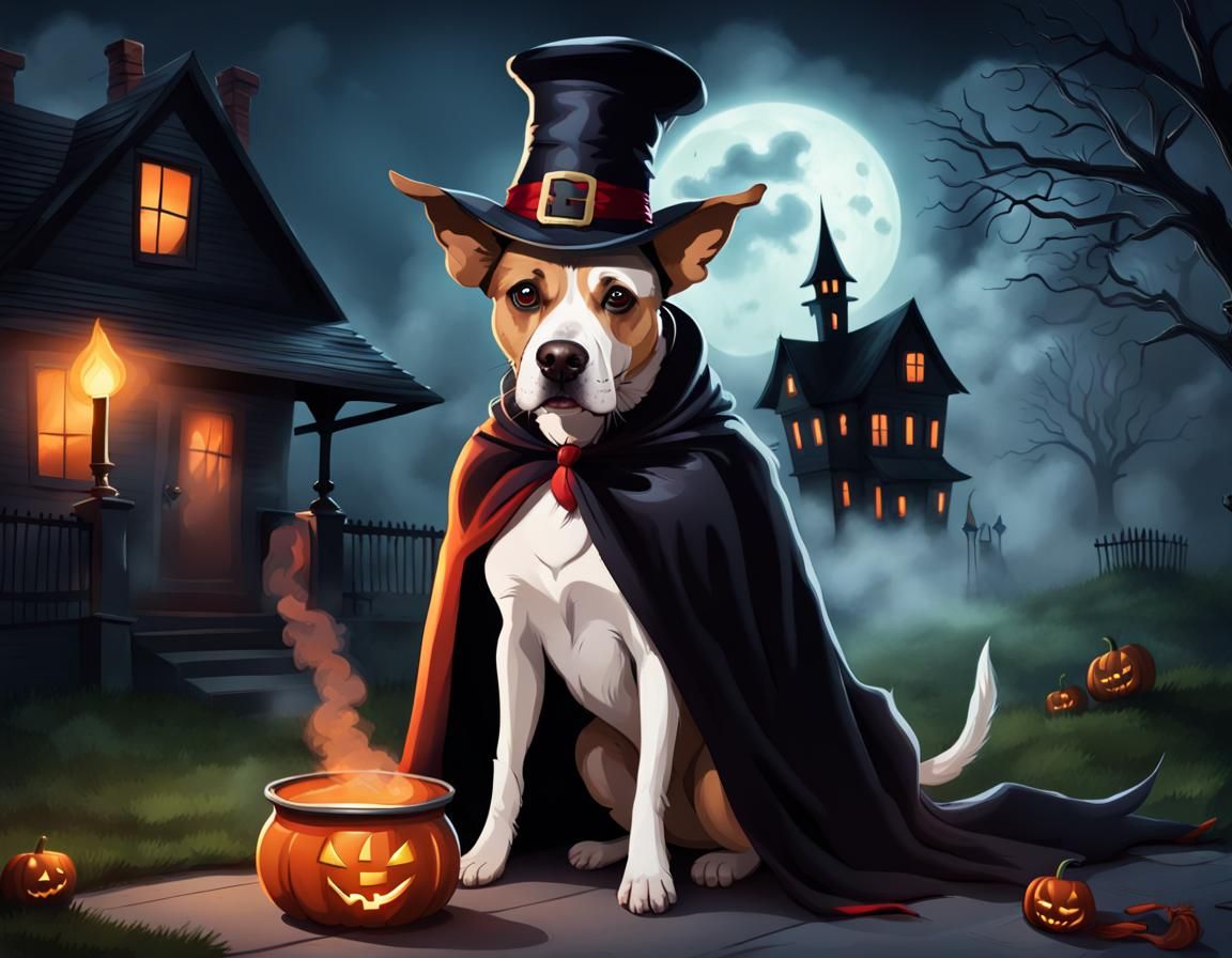 Dog in Halloween Costume with Cauldron