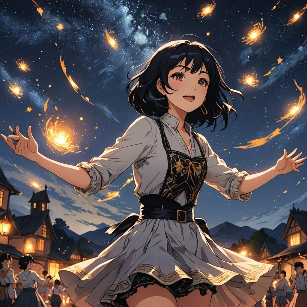 Girl Dances Tarantella Under Starry Sky: Anime Style