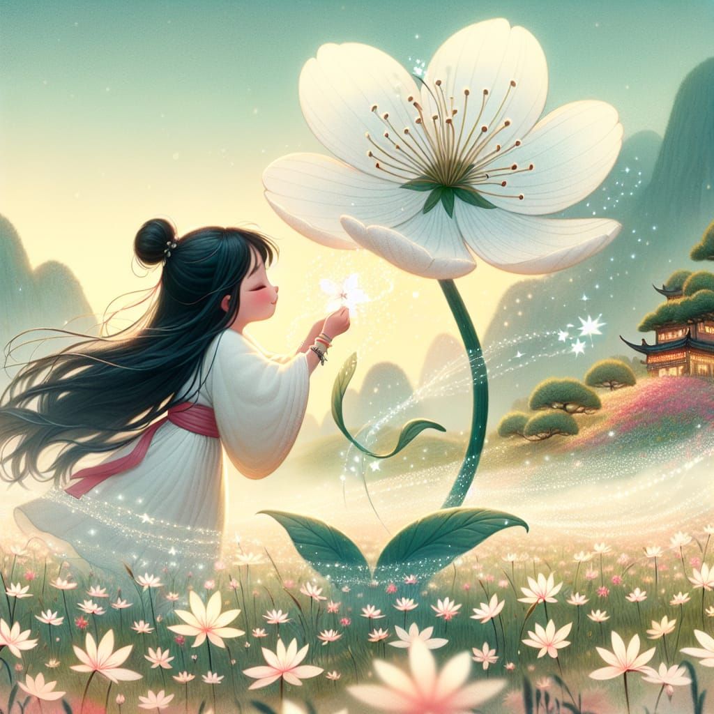Girl and Magical Flower in Dreamy Meadow