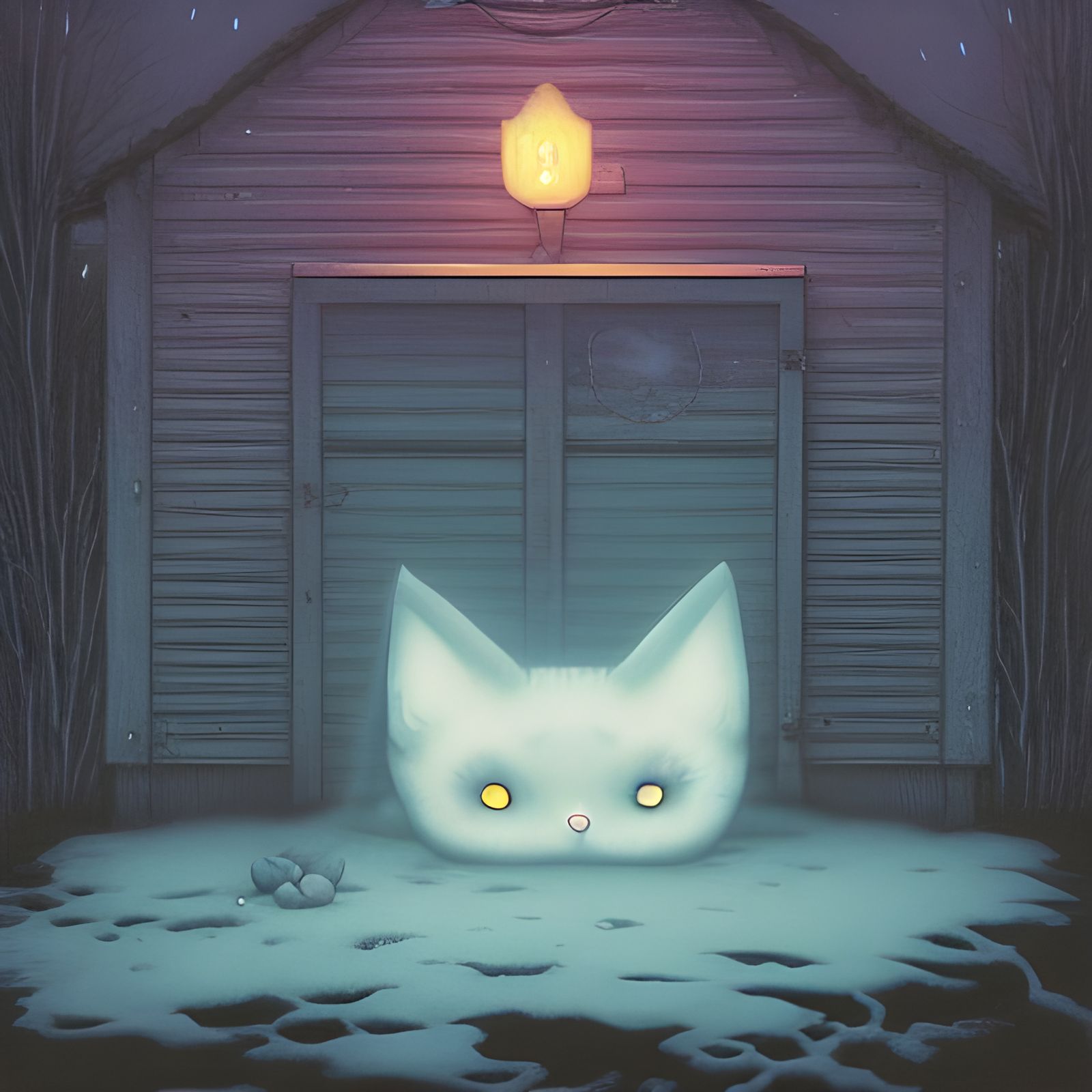 Ghostly Cat in Village: Fantasy Art Illustration