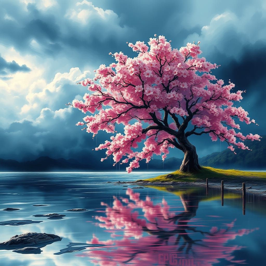 Ethereal Peach Blossom Tree in Makoto Shinkai's Dreamlike St...