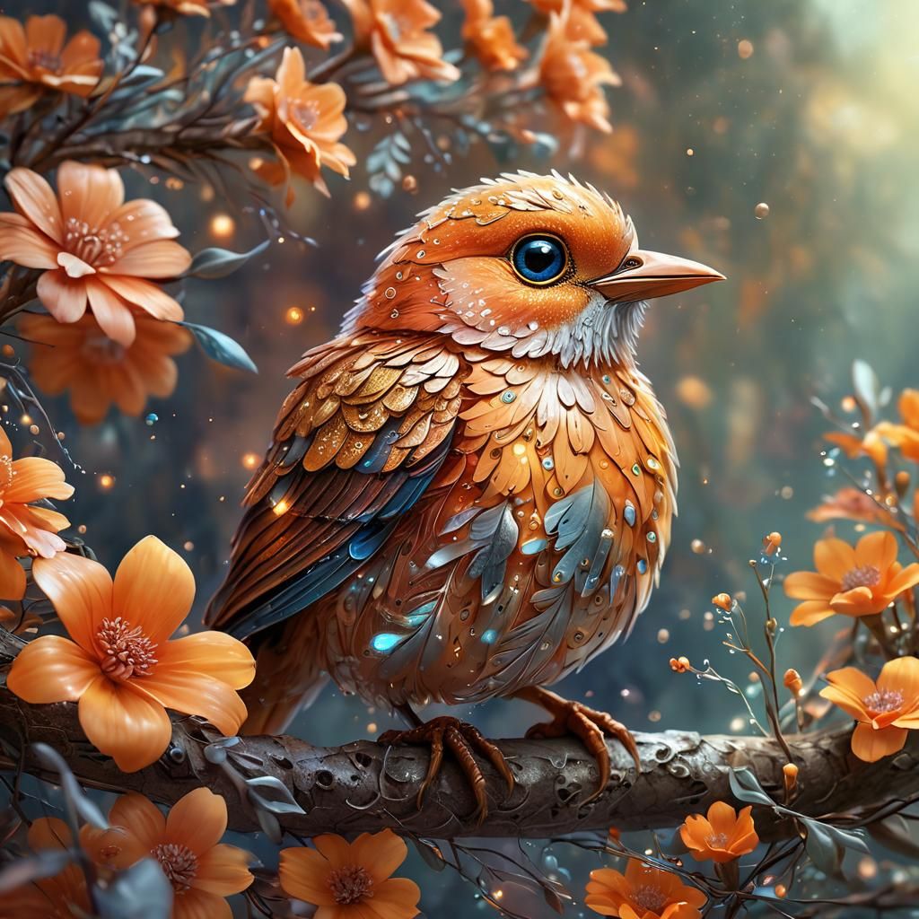 Iridescent Orange Bird with Flowers and Feathers