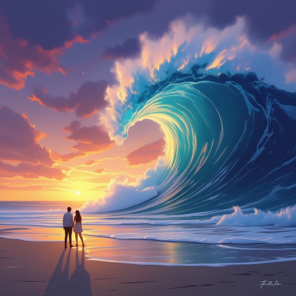 Giant Wave Threatens Couple on Beach