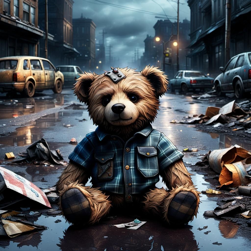 Post-Apocalyptic Plaid Teddy Bear in Dark Fantasy