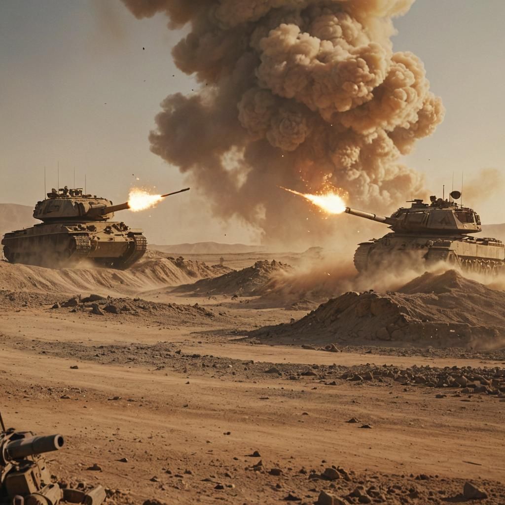 Gritty Tank Battle in War-Torn Desert Landscape
