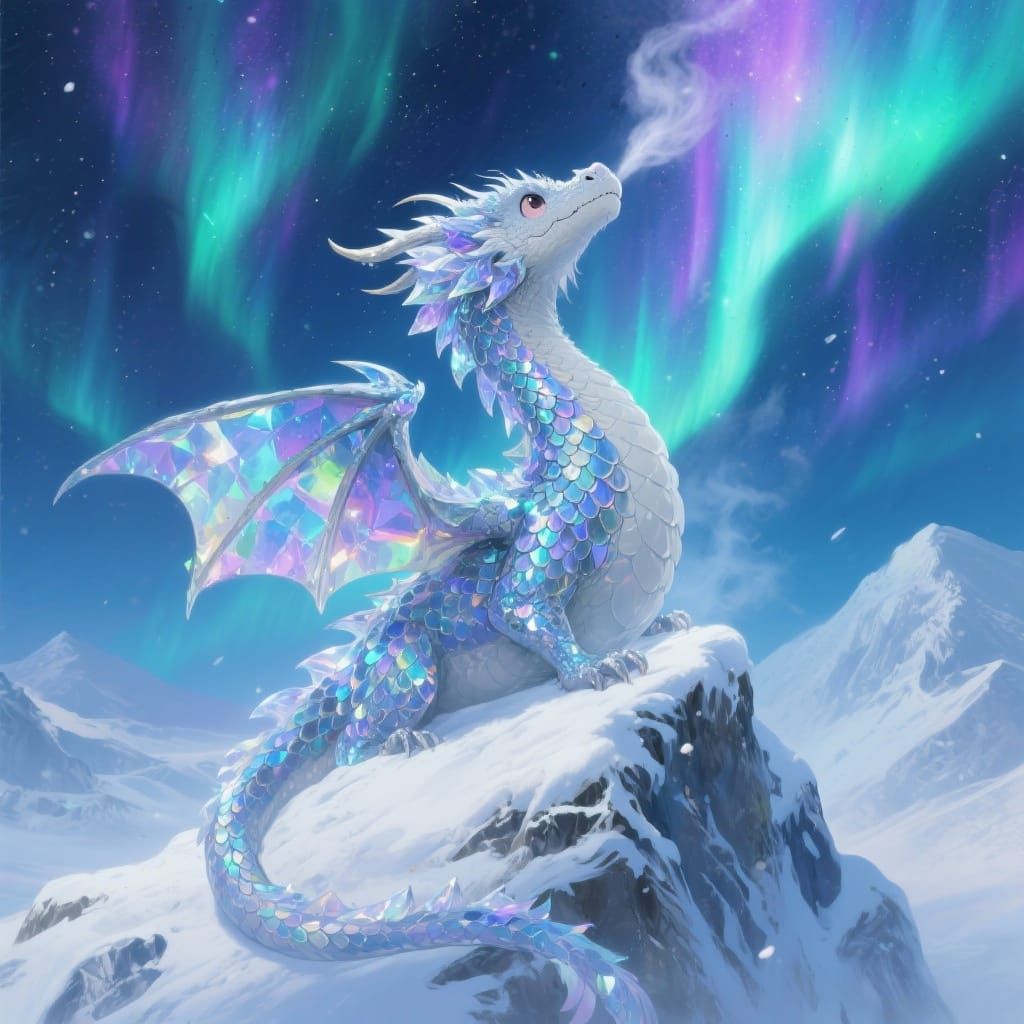 Snow Dragon Gazes at Aurora Borealis with Crystal Scales