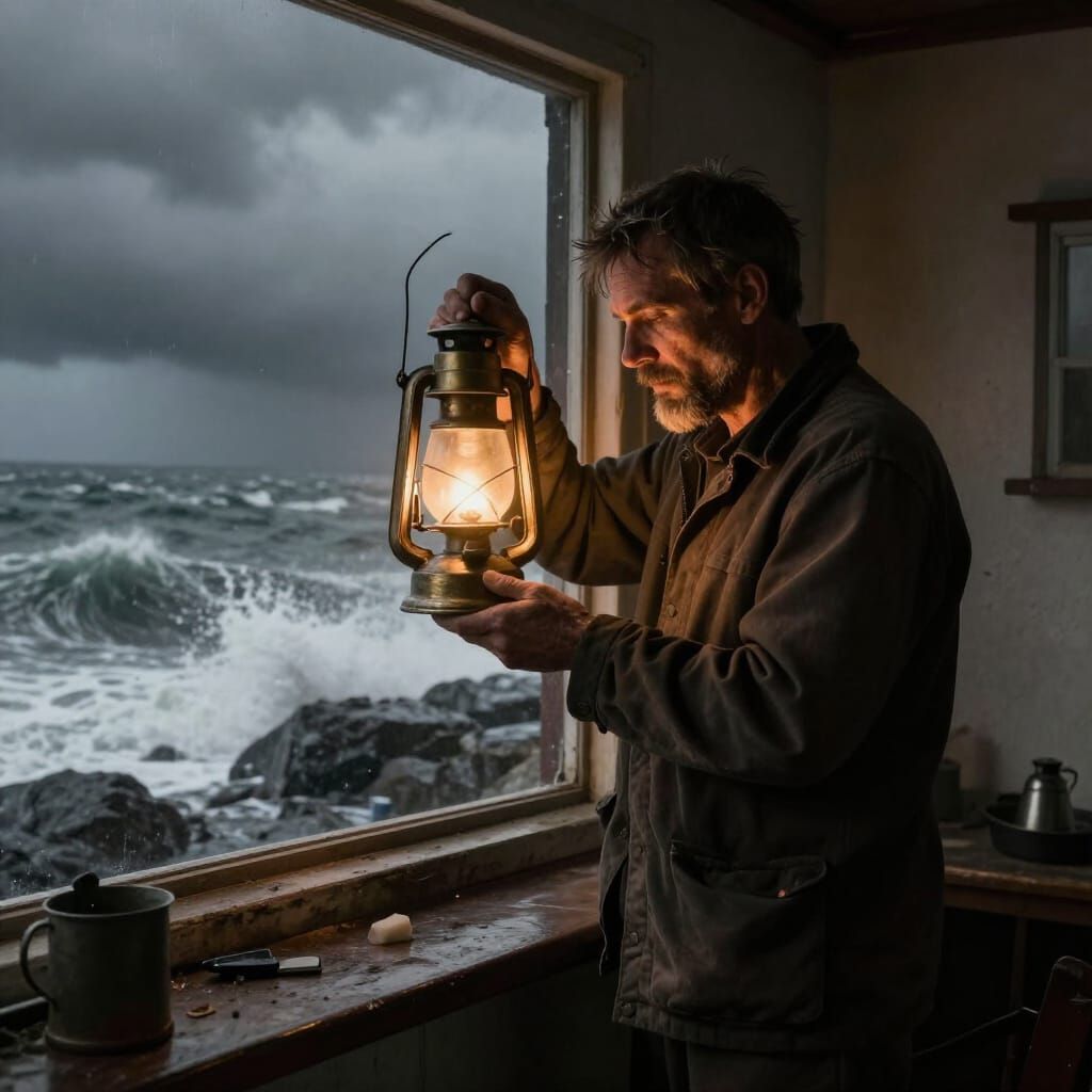 Lighthouse Keeper Polishing Lantern, Storm Outside
