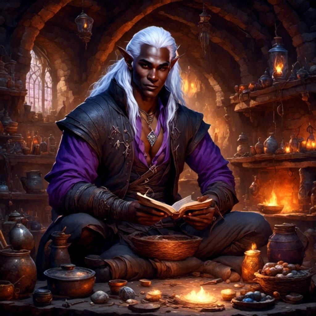 Drow Mage Casting Spell in Underground Workshop