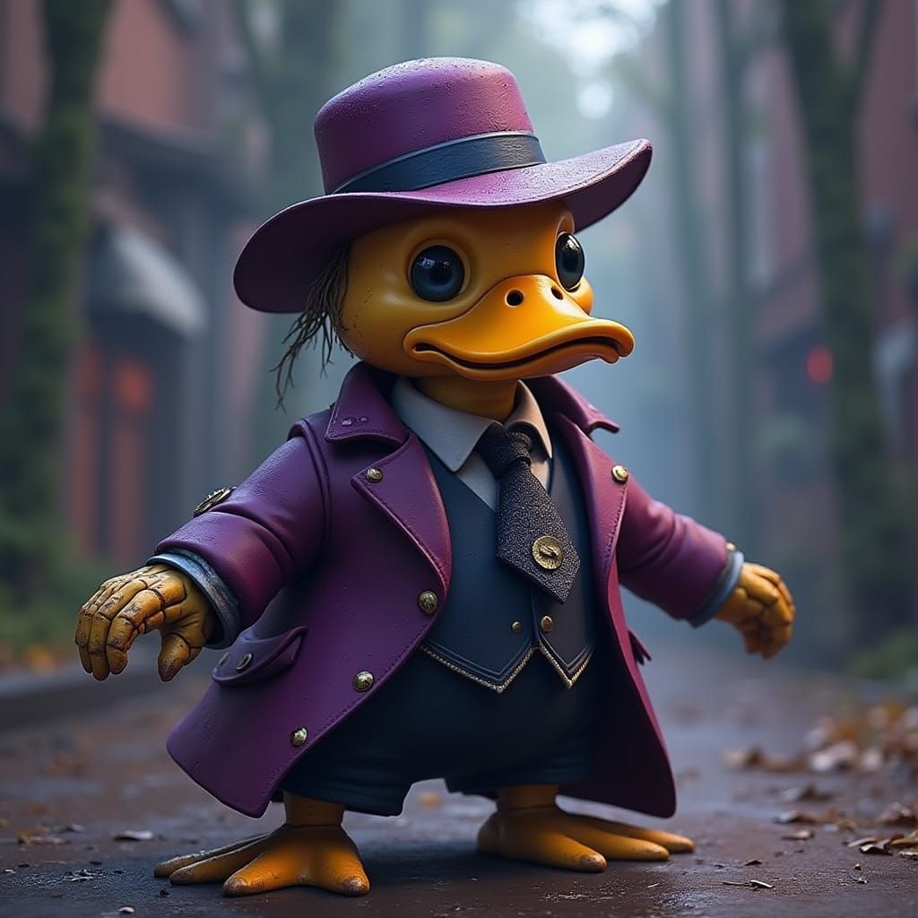 Cyberpunk Robot Duck Confronts Dark Mystery