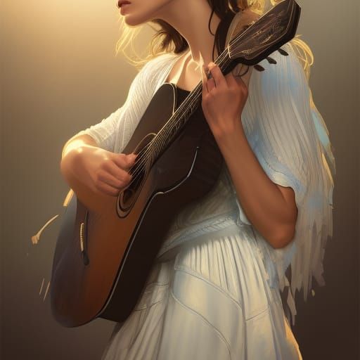 Detailed Portrait with Guitar in Art Nouveau Style