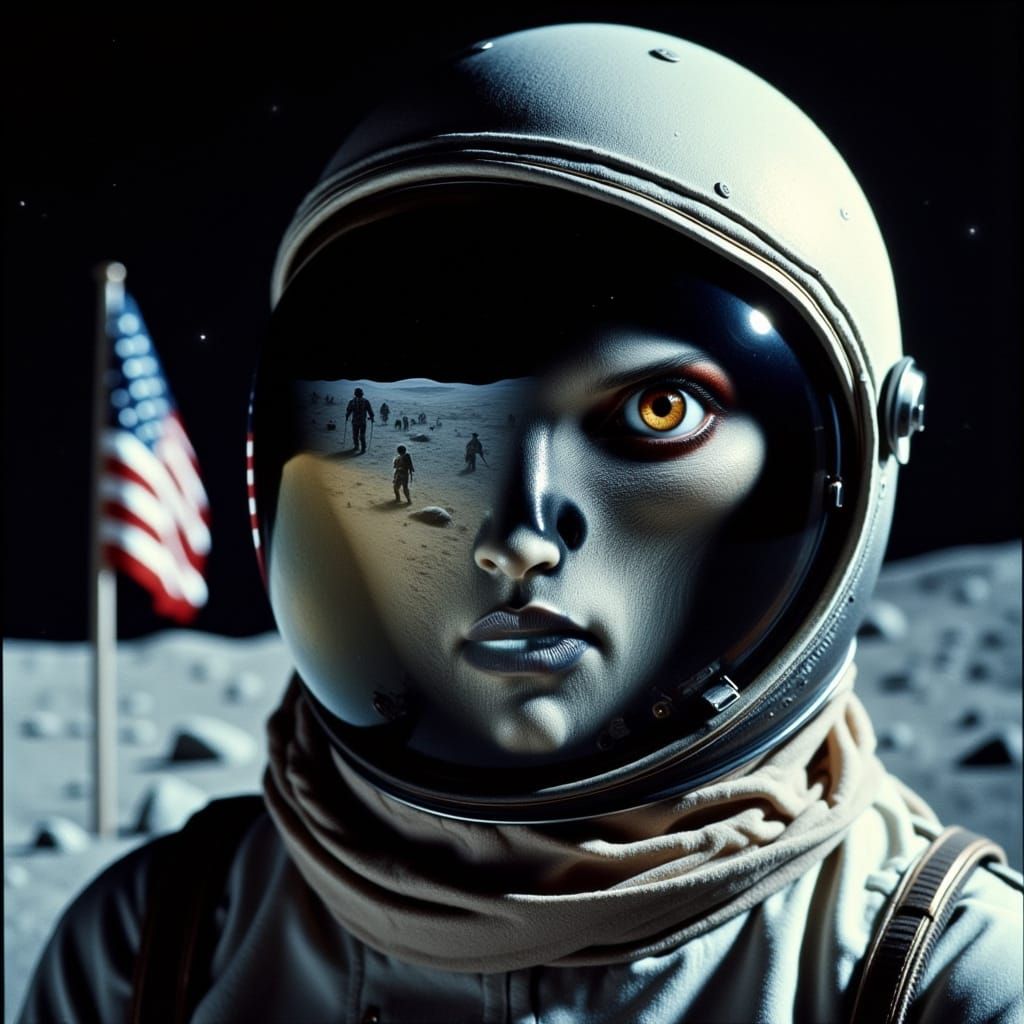 Alien Astronaut Helmet Reflects Moon Landing Scene