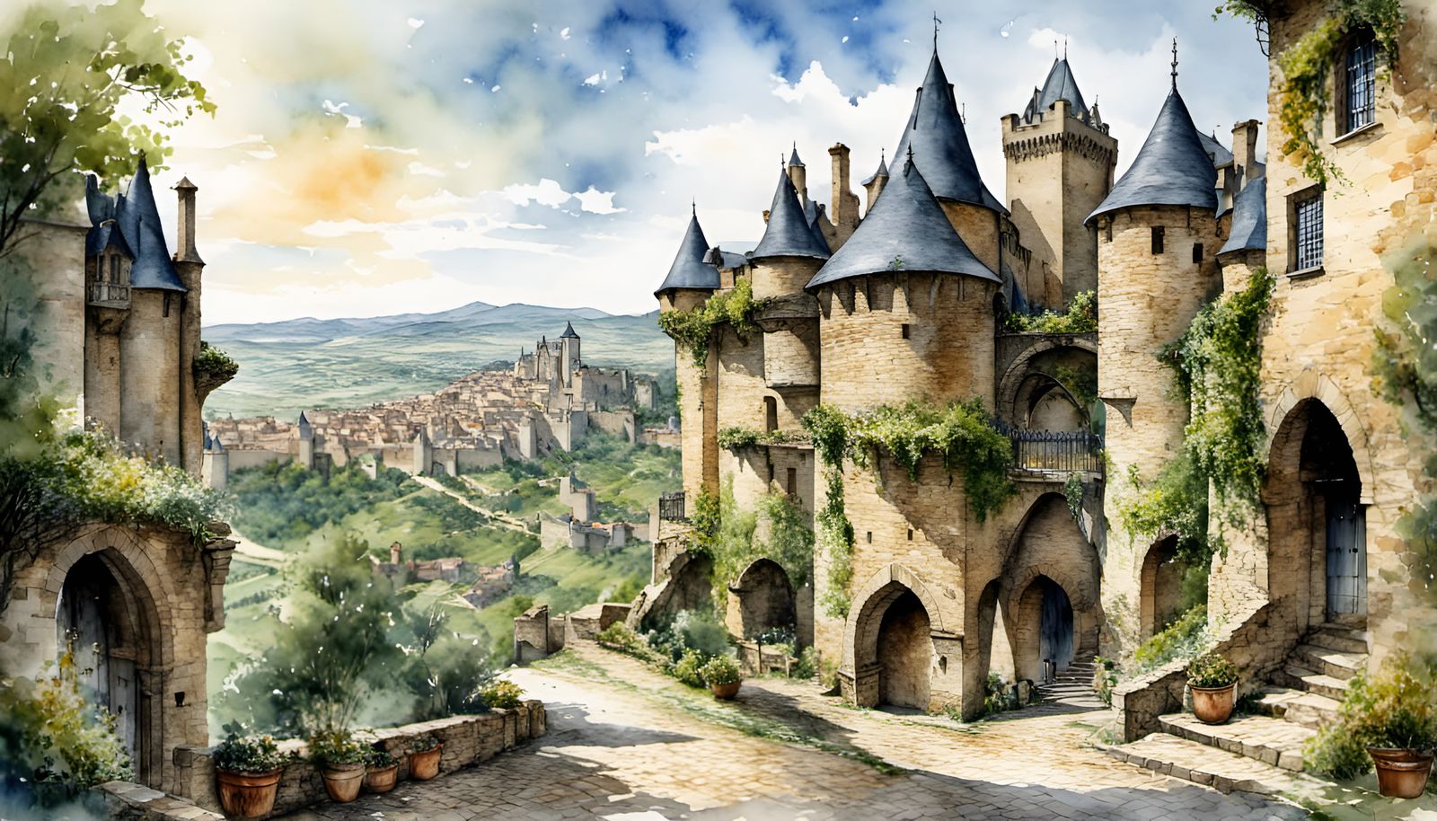 Medieval Carcassonne in Watercolor Style