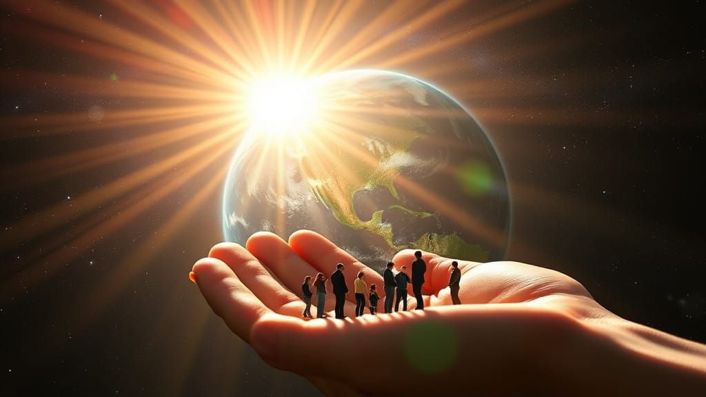 Cosmic God's Hand with Tiny Humans and Earthly Universe