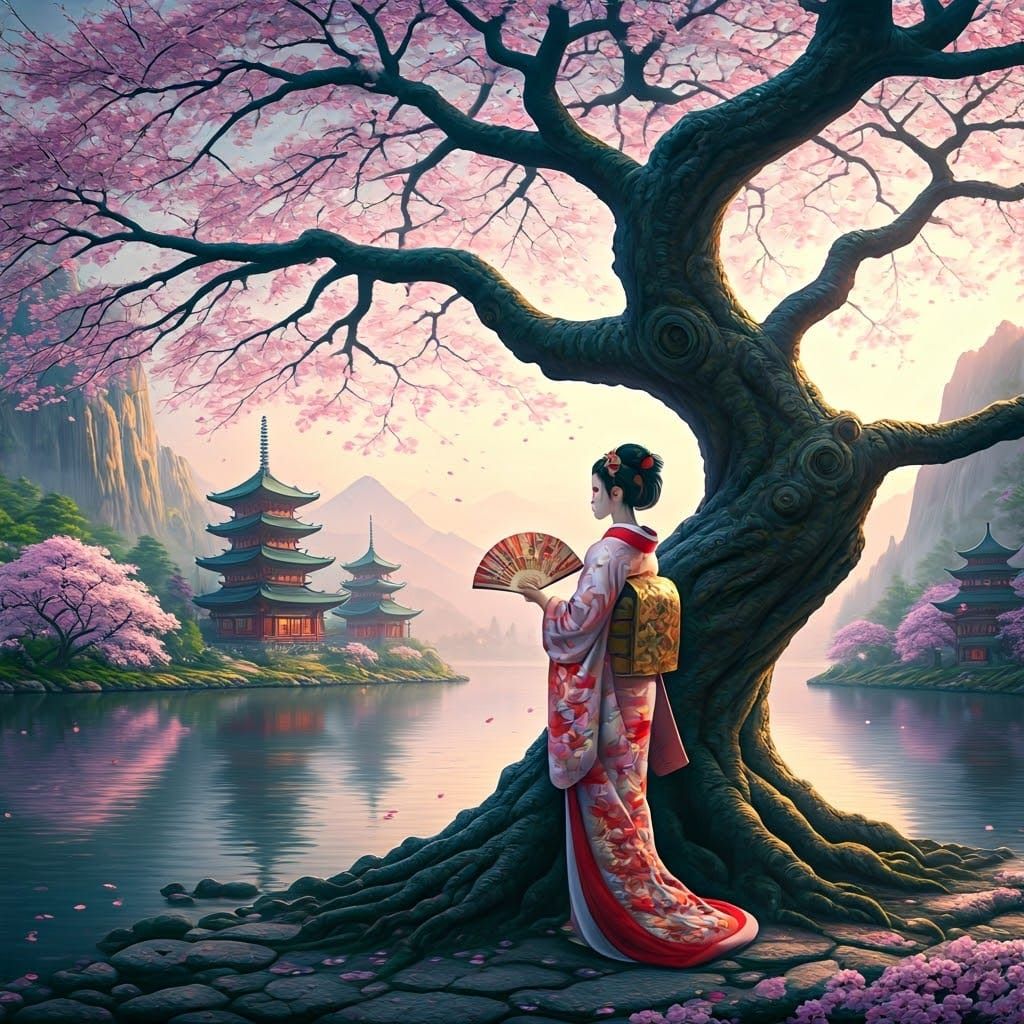 Sakura Tree with Geisha in Ethereal Landscape
