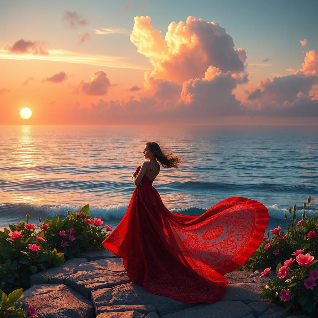 Romantic Sunset on Serene Ocean with Young Couple