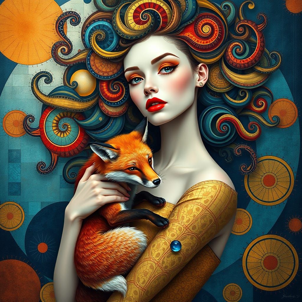 Ethereal Woman with Fox in Art Nouveau Style