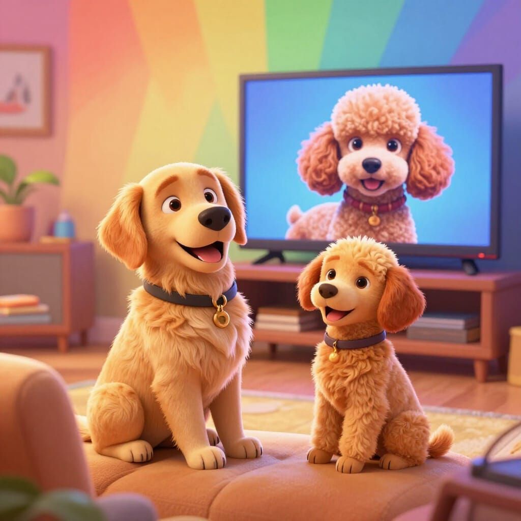 Two Golden Retrievers Watch TV in Pixar Style