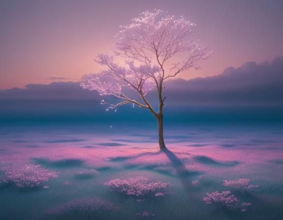 Crystal Sakura Tree Floating Above Clouds