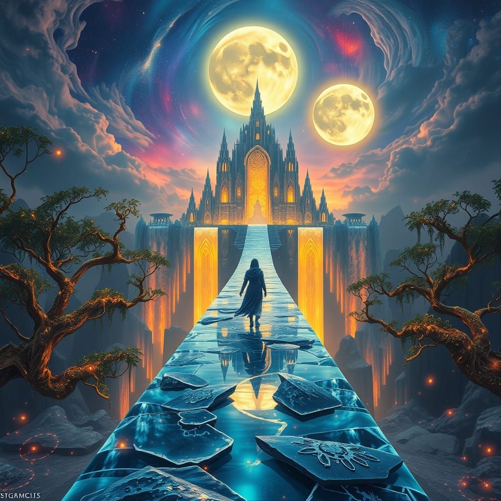 Luminous Traveler on Crystal Bridge Amidst Ethereal Temple a...