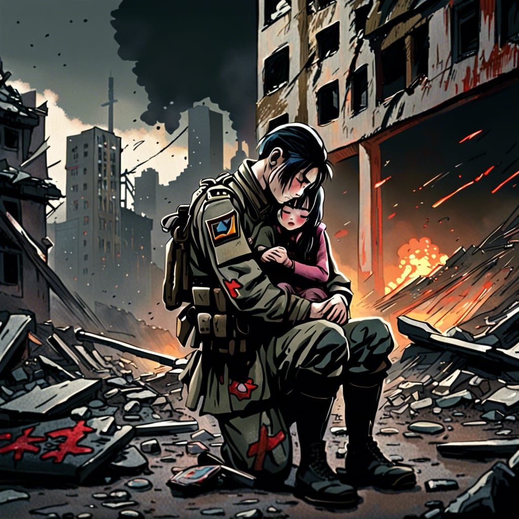 Sorrowful Soldier and Girl in Ruined City