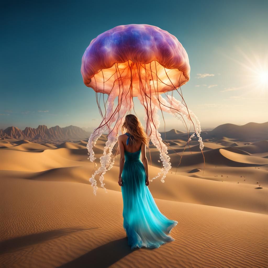 Jellyfish Desert Oasis with Adventurer in Fantasy Art