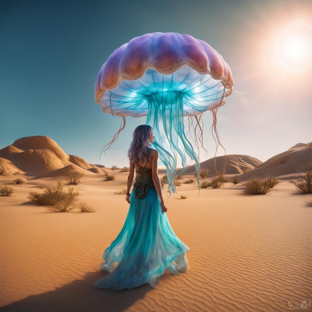 Jellyfish Desert Oasis Adventure in Fantasy Art Style