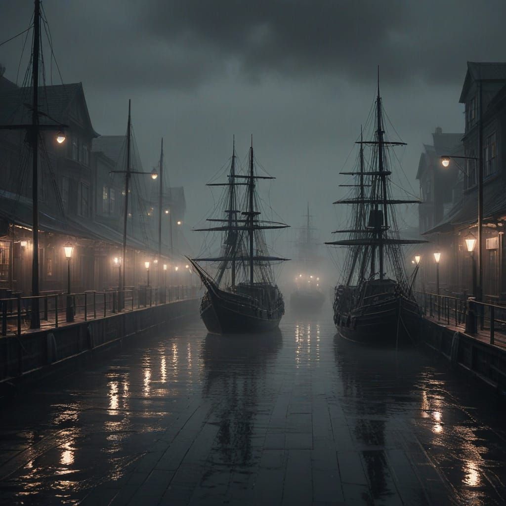 Gloomy Seaport at Dusk: Moody Oil Painting with Blurred Ligh...