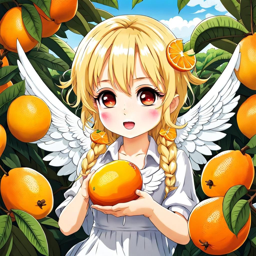 Chibi Anime Angel Enjoys Tropical Fruit