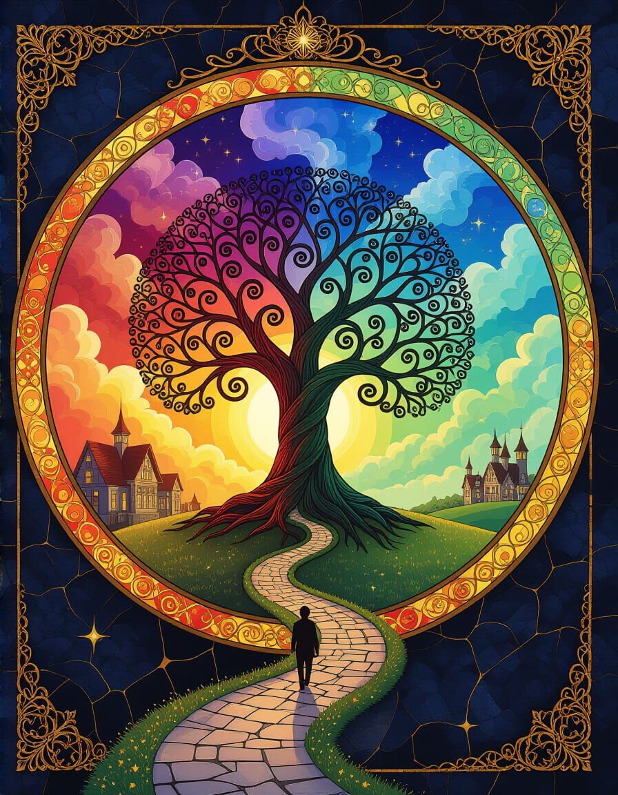 Stained Glass Tree of Magic in Fantasy Landscape