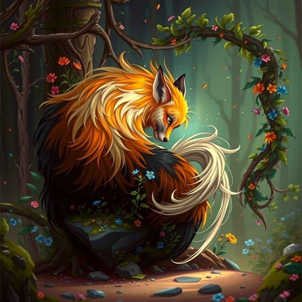 Surreal Fox in Vibrant Woodland Scene