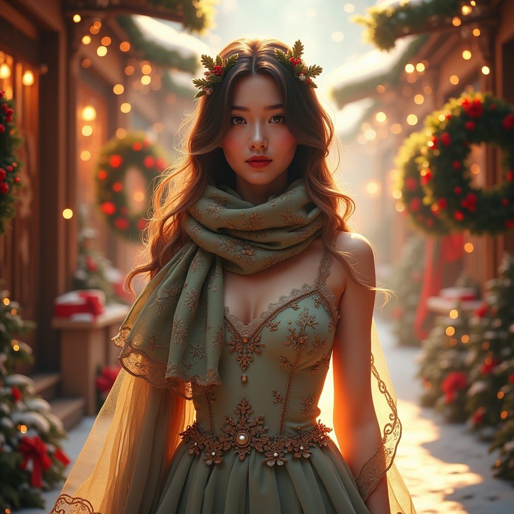 Festive Woman in Winter Gown at Christmas Market