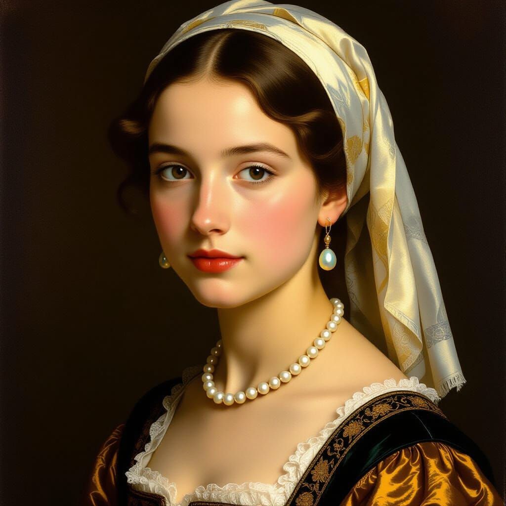 Vermeer-Style Dutch Woman Portrait with Pearls