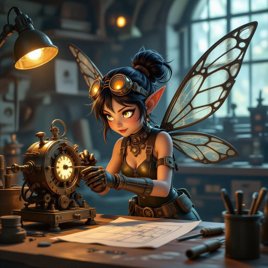 Steampunk Fairy Mechanic in Workshop, Miyazaki Style
